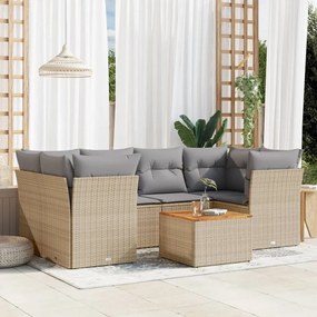7 pcs conj. sofás jardim c/ almofadões vime PE bege misturado