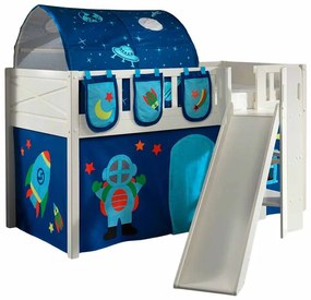 Conjunto cama Infantil SCOTT + escorrega + cortina de brincar ASTRO + Túnel + 3 bolsos de arrumação Branca