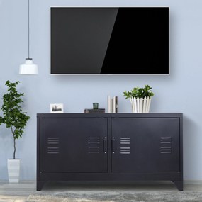 Móvel de televisão em Metal 119 (L) x 40 (P) x 63,5 (A) cm , design industrial, 2 armários com 2 prateleiras ajustáveis, passadores de cabos e estrutu