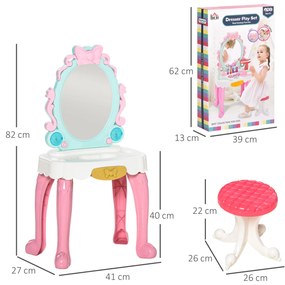 HOMCOM Toucador Infantil para Crianças acima de 3 Anos com Banco Espelho com Luz e Música com 20 Acessórios Centro de Beleza Infantil 41x27x82cm Multicolor