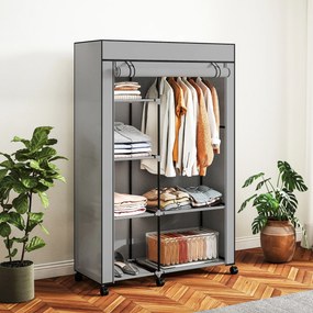 Guarda roupa em tecido, móvel de arrumação com 6 rodas, varão para roupa e prateleiras abertas, 103 x 43 x 162,5 cm, cinzento