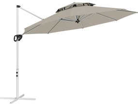 Outsunny Chapéu de Sol Excêntrico  Ø292 cm com Manivela Rotativo 360° Inclinação Ajustável Duplo Teto e Base Cruzada Cinzento