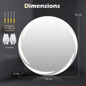 Espelho LED redondo de 70 cm para casa de banho, com luzes em 3 cores, antiembaciamento e luz traseira regulável, prateado