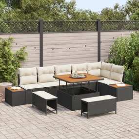 Conjunto de Sofá de Jardim vidaXL 9 Peças com Almofadas Preto Rattan S