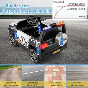 Carro de polícia elétrico com bateria de 12V 7A para crianças com Controlo remoto Sirene de música e luz LED intermitente Preto+Branco