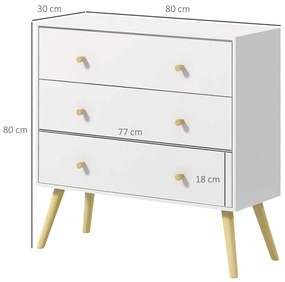 Cómoda com 3 Gavetas com Pés de Madeira de Pinho para Sala de Estar Escritório 80x30x80 cm Branco e Madeira
