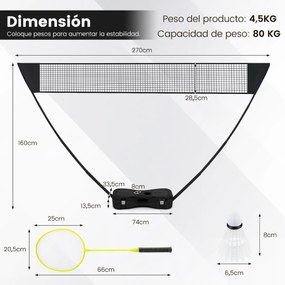 Conjunto portátil de badminton para crianças com 2 raquetes 2 penas Estrutura em PVC, baliza de futebol e rede de pátio 270 x 33,5 x 160 cm Preto