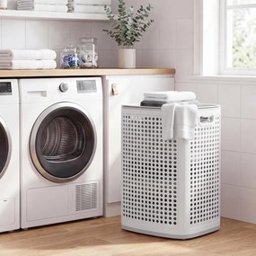 Cesto de roupa suja em plástico, cesto de 75 L, 42,5 x 33 x 57 cm branco-cinzento