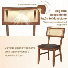 Conjunto de 2 cadeiras jantar estofadas com encosto em rattan tecido (MESA NÃO INCLUIDA), Estrutura em madeira de borracha Cor de nogueira e Castanho