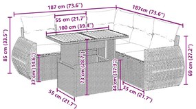 6 pcs conjunto de sofás p/ jardim com almofadões vime PE bege