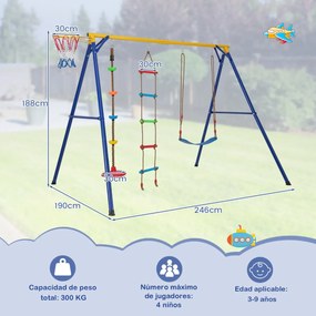 Conjunto de baloiço 4 em 1 com cesto de basquetebol Cinto ajustável Escada de escalada Disco de corda de escalada Carga 300 kg Amarelo