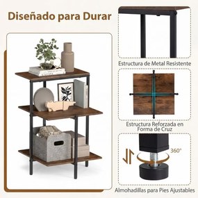 Mesa apoio industrial de 3 prateleiras, quadrada, com prateleiras abertas e estrutura metálica, para sala, quarto e espaços pequenos, em castanho rúst