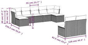 9 pcs conjunto de sofás p/ jardim com almofadões vime PE bege