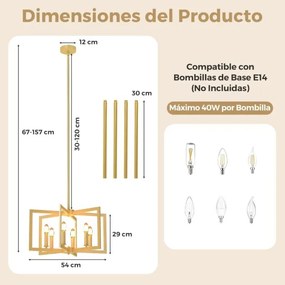 Candeeiro teto rústico de 6 luzes 54 x 54 x 67-157 cm com design geométrico, altura ajustável e metal industrial dourada