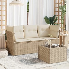 4 pcs conjunto de sofás para jardim c/ almofadões vime PE bege