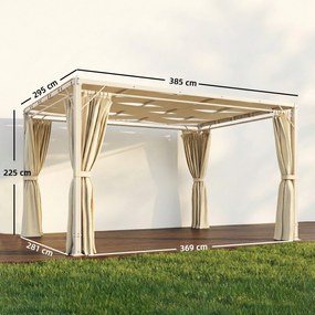 Pérgola de Jardim 385x295x225 cm com Teto Ondulado 4 Cortinas Removíveis Proteção UPF50+ e Estrutura de Aço Bege