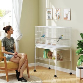 Gaiola para Pássaros com Divisória Rodas Gaiola para Aves com Comedouros Poleiros e Bandeja Removível 94x57x128 cm Branco