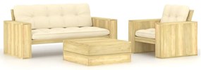 vidaXL 3 pcs conjunto lounge de jardim com almofadões pinho impregnado
