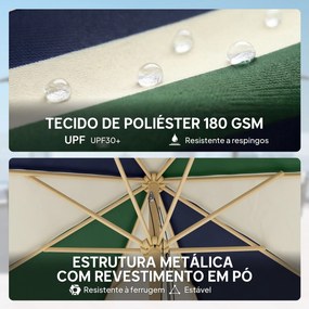 Guarda-sol de Jardim com Corda Proteção Solar UPF30+ Estilo Retrô Efeito Madeira com Babados Inclinável Ø226 cm Creme e Verde