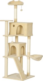 PawHut Arranhador para Gatos com Múltiplas Plataformas Cama 2 Cavernas Rede Escada Postes de Sisal 56x56x180 cm Bege | Aosom Portugal