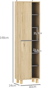 Móvel de coluna para casa de banho, armário de casa de banho com 6 compartimentos abertos e 2 portas, madeira natural