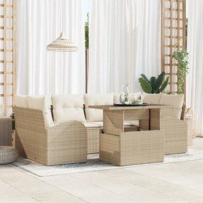 Conjunto de Sofá de Jardim 7 Peças com Almofadas Bege de Polirattan