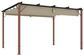 Outsunny Pérgola com Teto Retráti Pérgola de Aluminio 382x300x232 cm com Toldo de Poliéster Anti-UV Pérgola de Jardim Bege e Madeira | Aosom Portugal