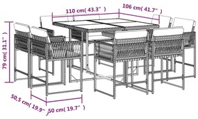 9 pcs conjunto de jantar p/ jardim c/ almofadões vime PE cinza