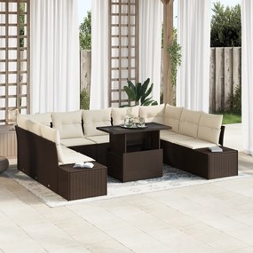 Conjunto de Sofá de Jardim com 10 Peças e Almofadas Castanho em Rattan