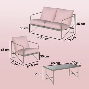 Conjunto de Jardim de 4 peças com Sofá de 2 Lugares 2 Poltronas Mesa de Vidro Temperado e Almofadas Grossas para Terraço Rosa