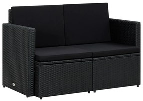 vidaXL Sofá de jardim 2 lugares com almofadões vime PE preto