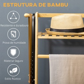 Suporte para Cabide de Bambu para Roupa com 2 Prateleiras de Armazenamento 2 Ganchos Laterais e Barra Suspensa para Entrada Dormitório Escritório 114x