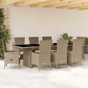 vidaXL 9 pcs conjunto de jantar p/ jardim com almofadões vime PE bege