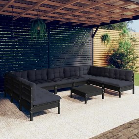 vidaXL 10 pcs conjunto lounge jardim c/ almofadões pinho maciço preto