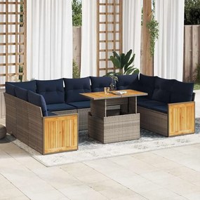 10 pcs conjunto sofás jardim almofadões vime PE/acácia cinzento