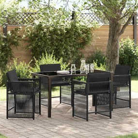 vidaXL Conjunto de Jantar de 5 Peças para Jardim com Almofadas Preto Rattan Poliéster