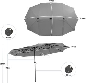 Conjunto de guarda-sol dupla face de 470 cm com 48 luzes LED solares e base recheável de 80 kg, com sistema de manivela, para jardim e piscina, cinzen