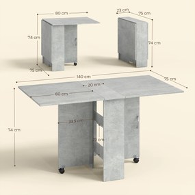 Mesa de Sala de Jantar Dobrável com 2 Prateleiras de Armazenamento (CADEIRAS NÃO INCLUIDAS) e Rodas para Cozinha 75x140x74 cm Cinza