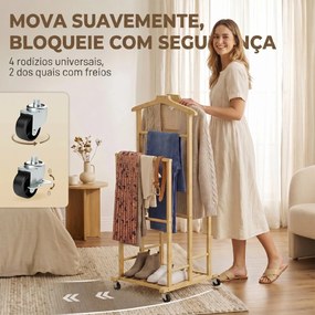 Cabide roupa de Noite em Bambu com Rodas, Cabides para Roupa, Suporte para Calças, Bandeja e Prateleira, Natural