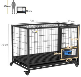 Gaiola para Cães com Parte Superior Rebatível Suporte de Tigelas Bandeja Amovível Rodas e Porta Dupla 109x72x79 cm Preto