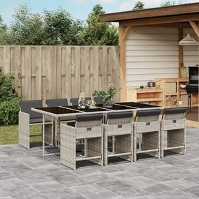 vidaXL 9 pcs conjunto de jantar p/ jardim c/ almofadões cinzento claro