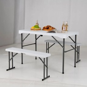 Conjunto de mesa e bancos de piquenique ou campismo dobrável com 2 bancos Superfície em HDPE Branco