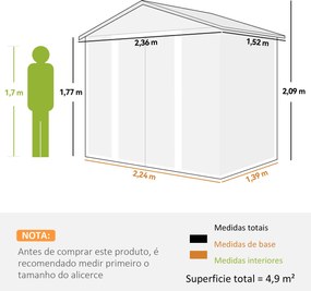 Abrigo de Jardim 3m² 152x235,7x208,7 cm Abrigo de Jardim com 2 Portas de Correr e 4 Janelas de Ventilação Madeira e Castanho