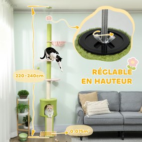 Arranhadores para gatos do chão ao teto, 5 níveis, altura ajustável de 220 a 240 cm, plataformas em forma de flor com arranhador, nicho e rede verde