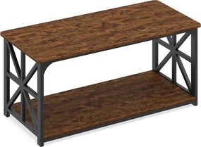 Mesa de centro de estilo industrial 109 x 50 x 48 cm, 2 níveis, prateleira aberta, estrutura metálica, para sala de estar, castanho rustica