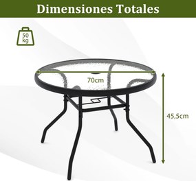 Mesa jarim para exterior com vidro temperado 70 x 70 x 45,5 cm, orifício para guarda-sol e metal para jardim ou terraço Preta