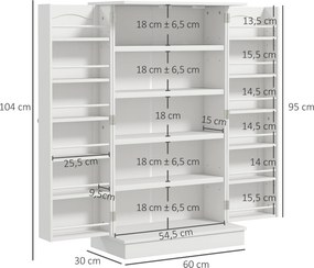 Armário de cozinha para despensa com 2 portas, 5 prateleiras e 12 suportes para especiarias - 60 x 30 x 104 cm - branco