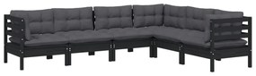 6 pcs conjunto lounge jardim c/ almofadões pinho maciço preto