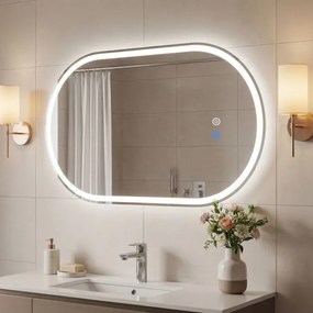 Espelho 80x50 cm ovalado iluminado de parede para casa de banho sem moldura LED traseiro 3 modos de cor ajustável antiembaciamento vidro temperado HD