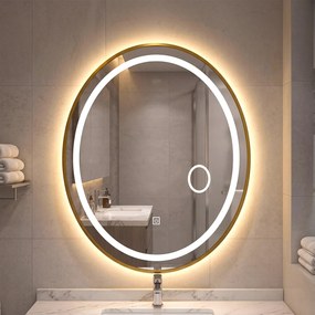 Espelho Oval de Banho, 60 x 50 x 4 cm, Iluminação LED Regulável, Cinzento prateado